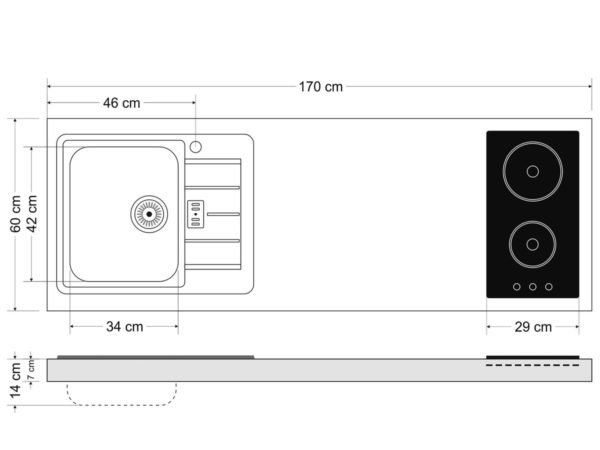 Abmessungen Stengel Miniküchen Premiumline MPGSM 170 mit Kühlschrank