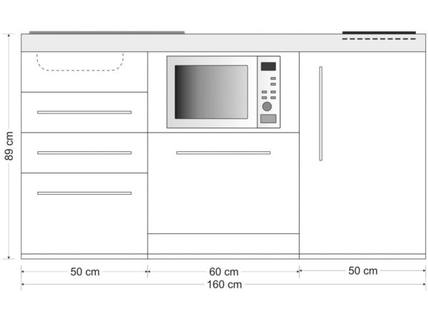 Abmessungen Miniküche MPGSMS3 mit Mikrowelle und Schubladen