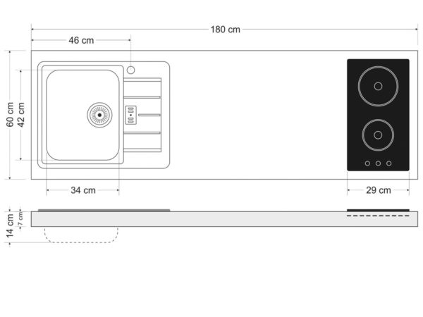 Arbeitsfläche Stengel Miniküche 180a mit Kühlschrank und Mikrowelle