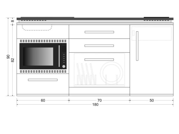 Abmessungen Miniküche MDSMOS 180 mit Kühlschrank Designline weiß